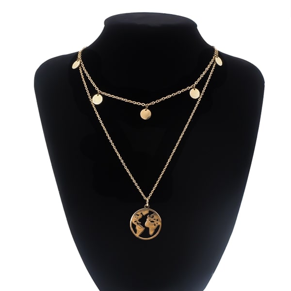 Gold two-layer necklace with round world pendant and dangling coin pendants