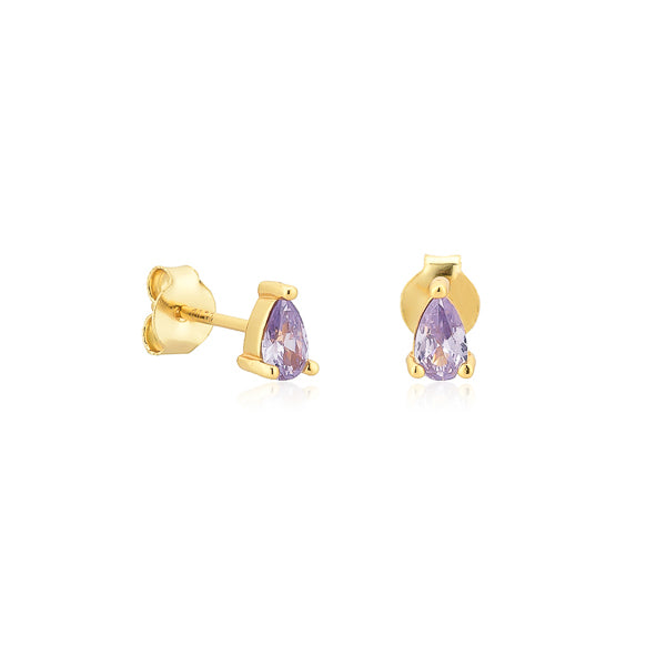 Gold light purple teardrop cubic zirconia mini stud earrings