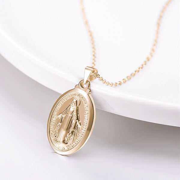Gold Miraculous Medal necklace display