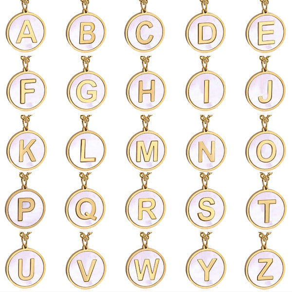 Round Mother of Pearl gold initial letter pendants for necklace
