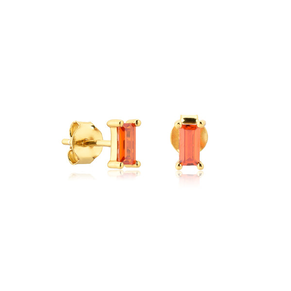 Gold and orange red mini baguette cubic zirconia stud earrings
