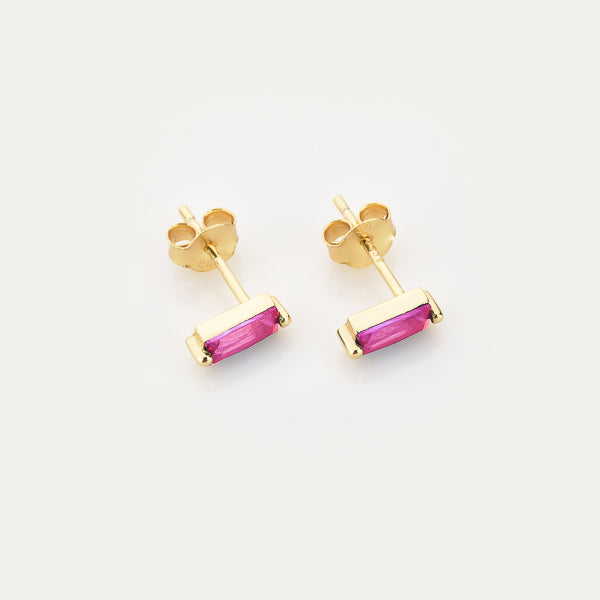 Gold and pink mini baguette cubic zirconia stud earrings details