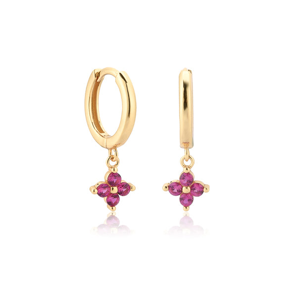Gold and pink mini flower huggie hoop drop earrings
