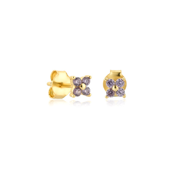 Gold and purple mini flower cubic zirconia stud earrings