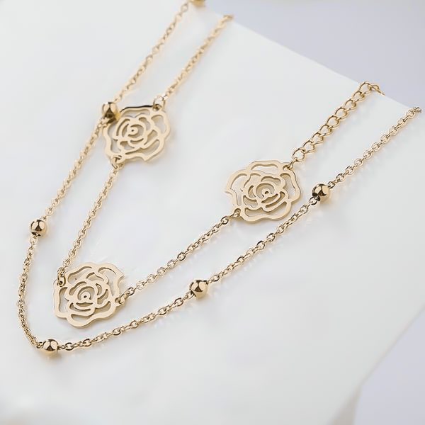 Two-layer gold rose flower anklet