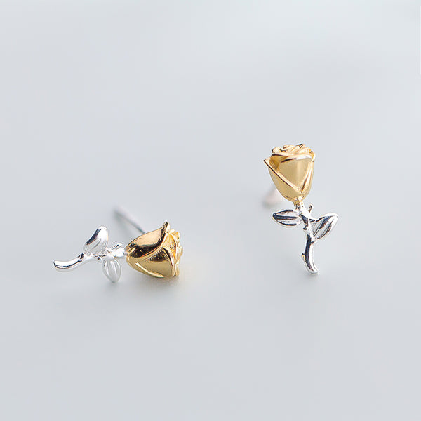 Two-tone rose flower stud earrings made of sterling silver and gold vermeil