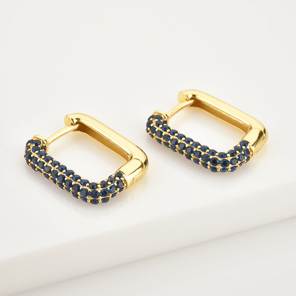 Gold square hoop earrings with blue cubic zirconia pavé