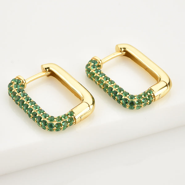 Gold square hoop earrings with green cubic zirconia pavé