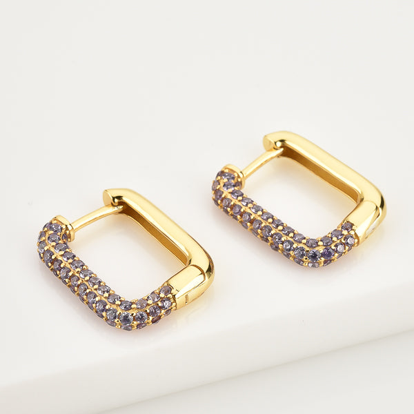 Gold square hoop earrings with purple cubic zirconia pavé
