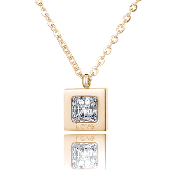 Square gold pendant necklace with cubic zirconia stone