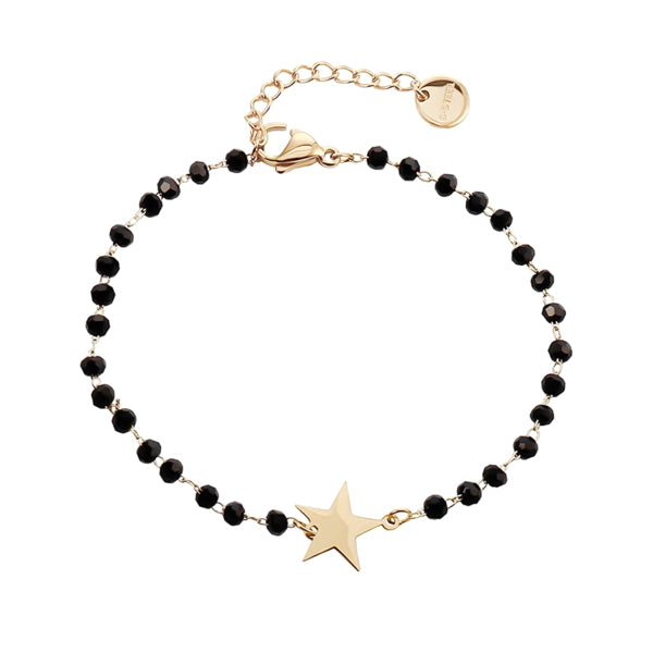 Gold star bracelet with black beads
