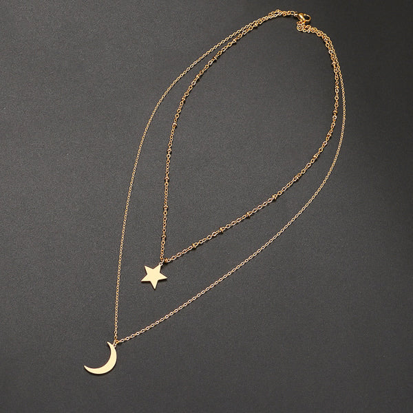 Gold star and moon necklace with two layers