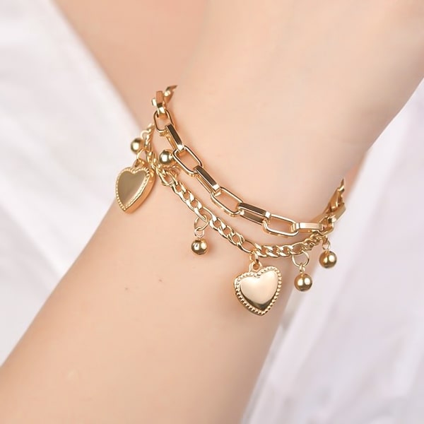 Gold two-layer heart charm bracelet