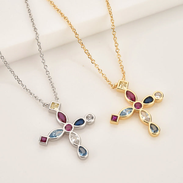 Gold and silver Greek crystal cross necklace