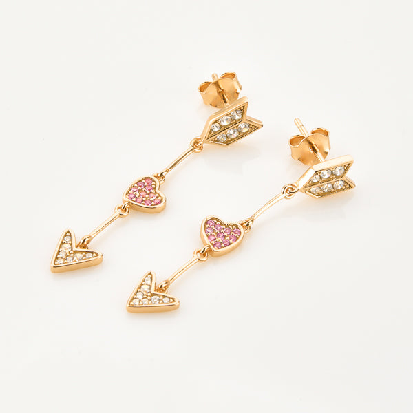 Gold arrow heart drop earrings details