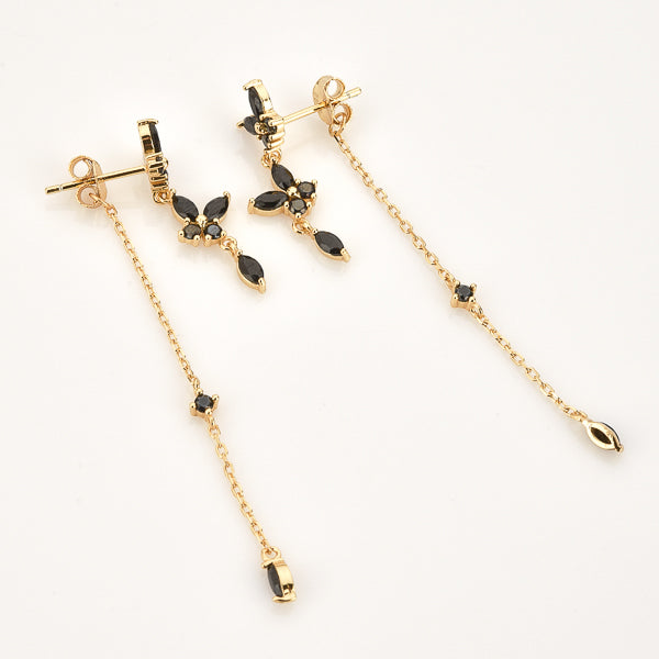 Gold black butterfly drop chain earrings details