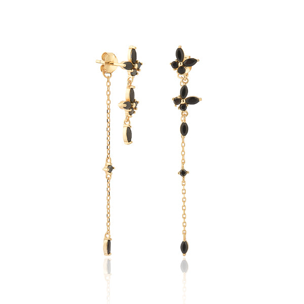 Gold black butterfly drop chain earrings