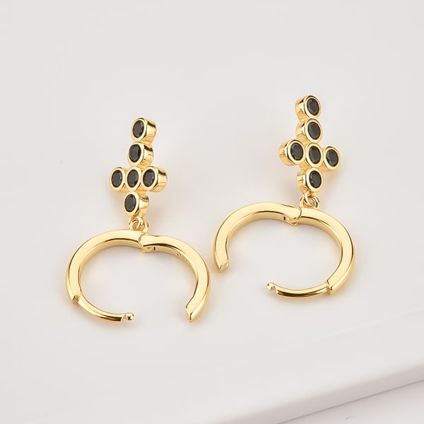 Gold black crystal cross mini hoop earrings detail