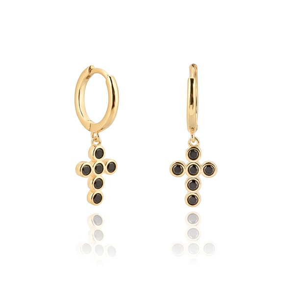 Gold black crystal cross mini hoop earrings