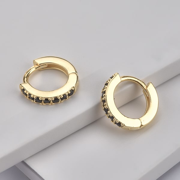 Gold black crystal huggie earrings details