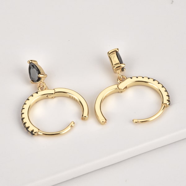 Gold black crystal huggie teardrop earrings details