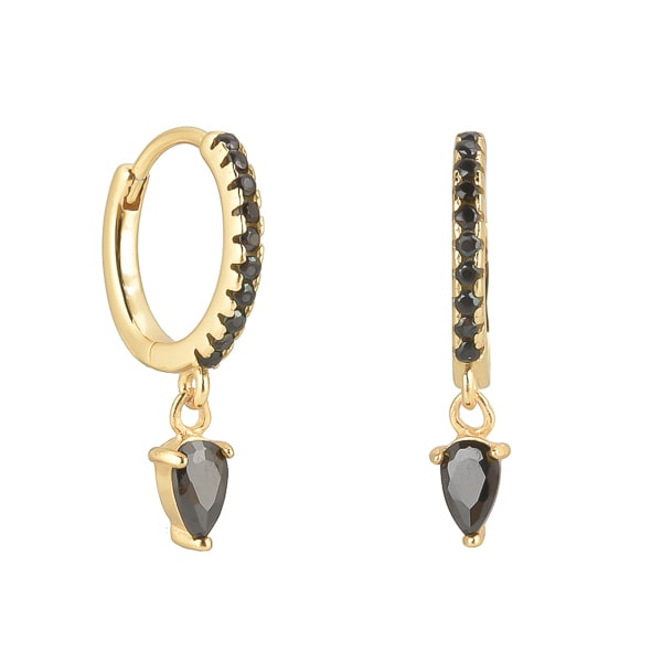 Gold black crystal huggie teardrop earrings