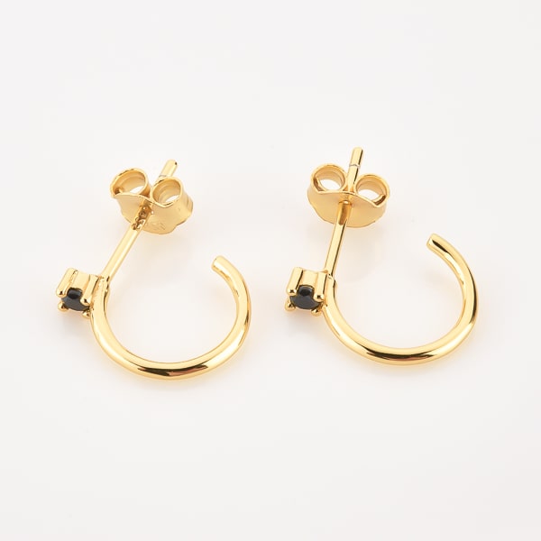 Gold black crystal stud huggie hoop earrings detail