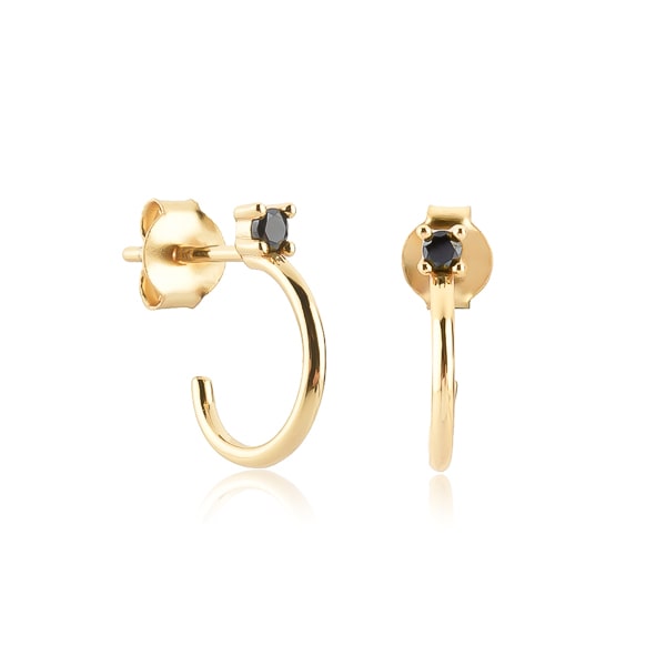 Gold black crystal stud huggie hoop earrings