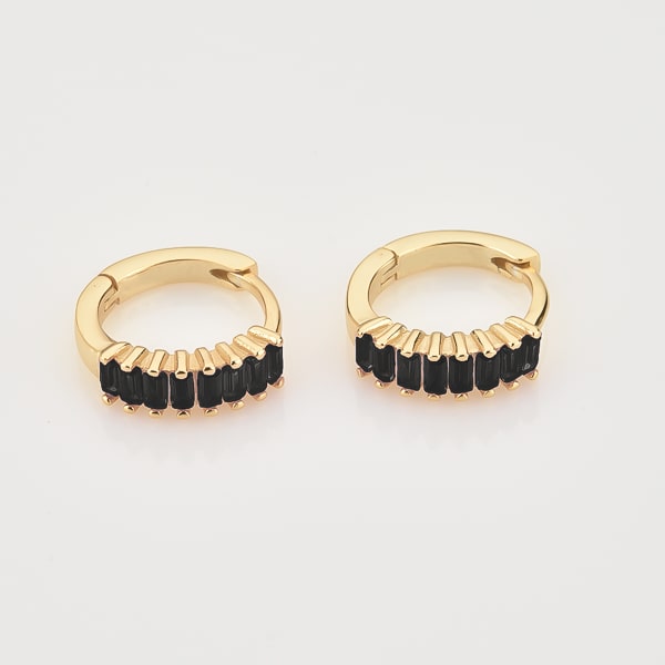 Gold black emerald-cut crystal huggie earrings details