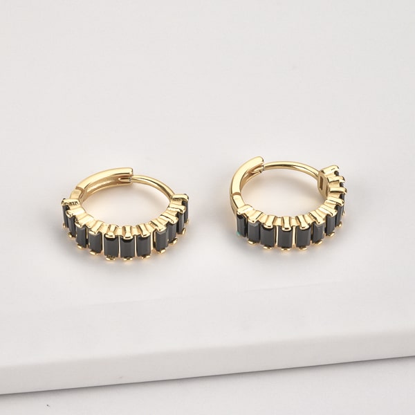 Gold black emerald-cut crystal mini hoop earrings details