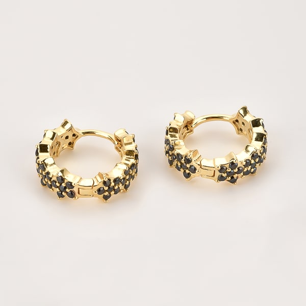 Gold black flower pavé hoop earrings details