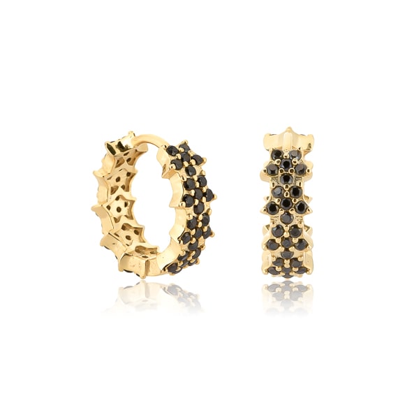 Gold black flower pavé hoop earrings