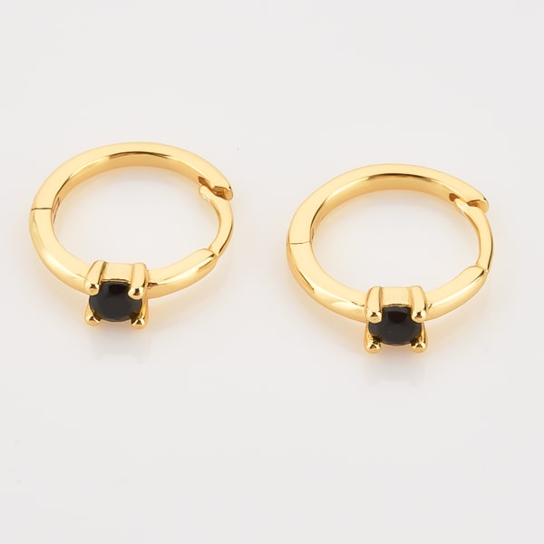 Gold black solitaire hoop earrings details