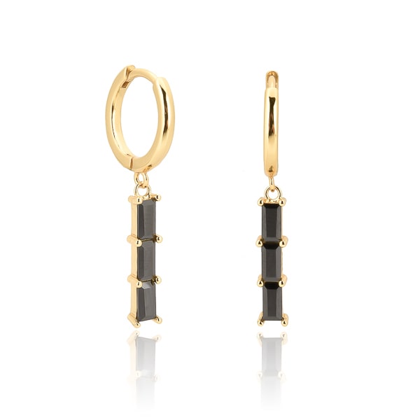Gold black triple baguette bar drop hoop earrings