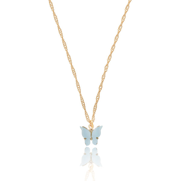 Blue butterfly pendant on a gold necklace