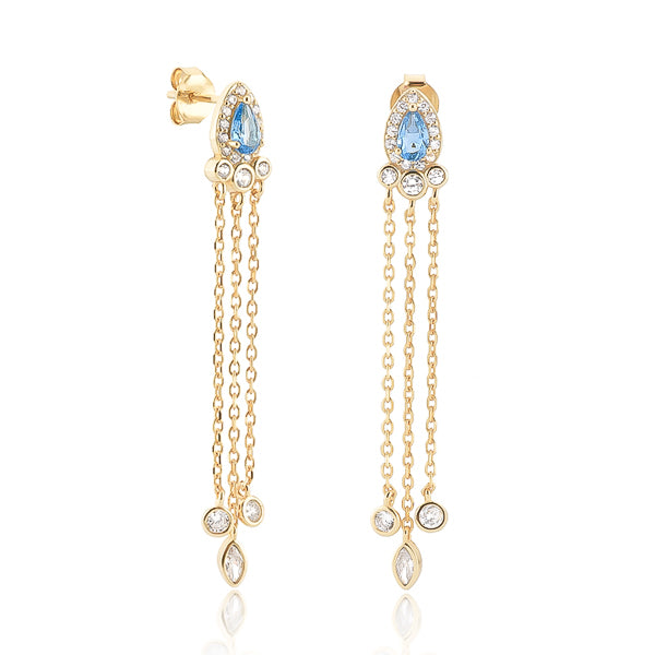 Gold and blue crystal chandelier earrings