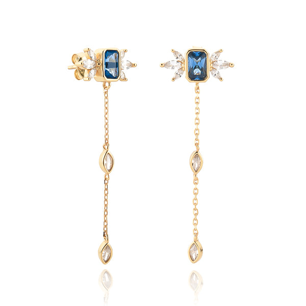 Gold and blue crystal drop chain earrings