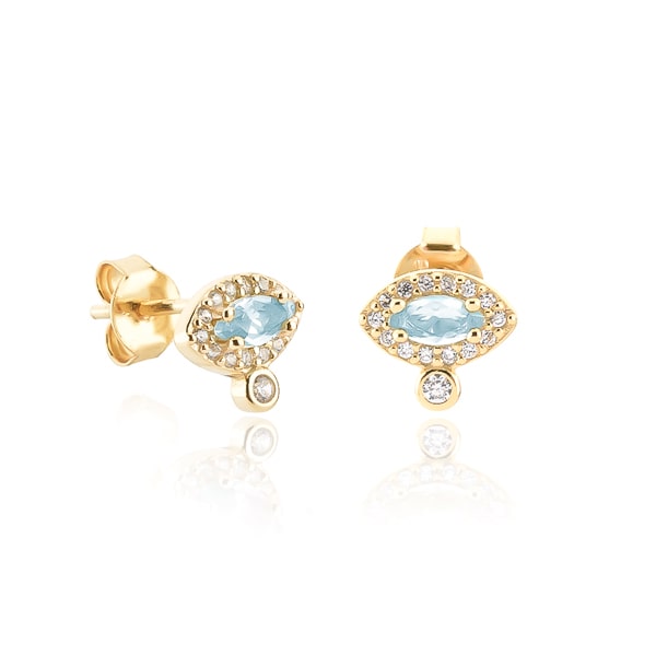 Gold blue crystal eye stud earrings