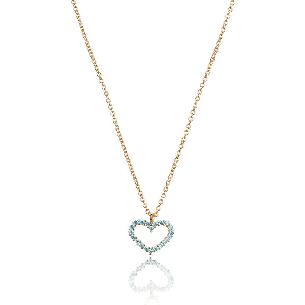 Blue crystal open heart on a gold necklace
