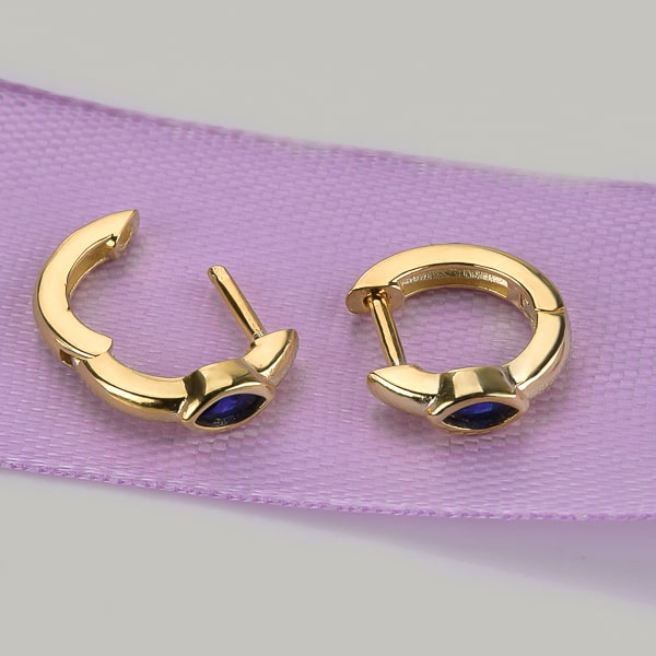 Gold blue mini marquise hoop earrings details