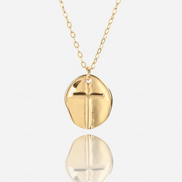 Gold coin cross pendant necklace details
