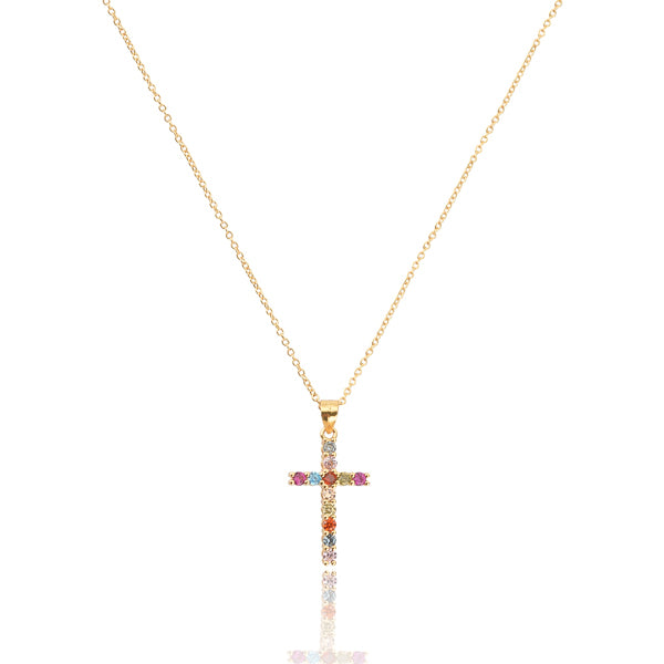 Colorful crystal cross on a golden necklace