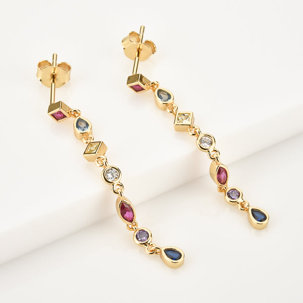 Gold colorful crystal drop chain earrings details