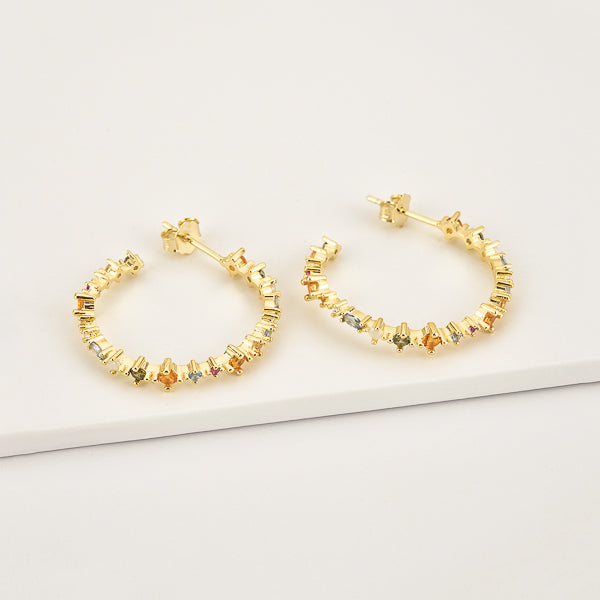 Gold colorful crystal hoop earrings details
