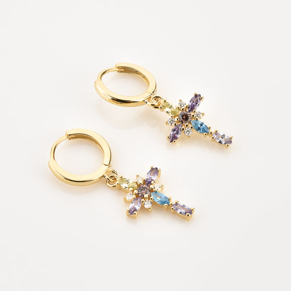 Gold colorful designer cross earrings details