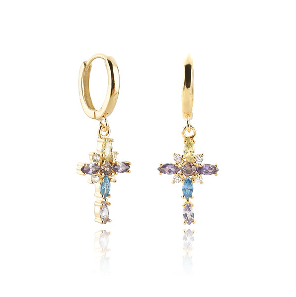 Gold colorful designer cross earrings