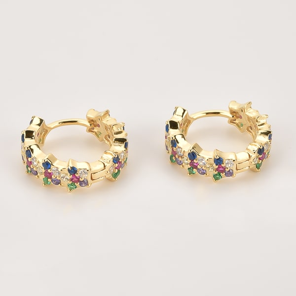 Gold colorful flower pavé hoop earrings details