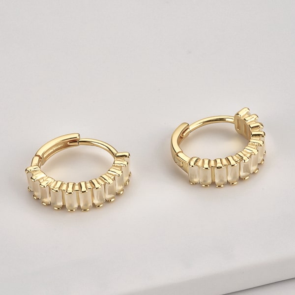 Gold creamy emerald-cut crystal mini hoop earrings details