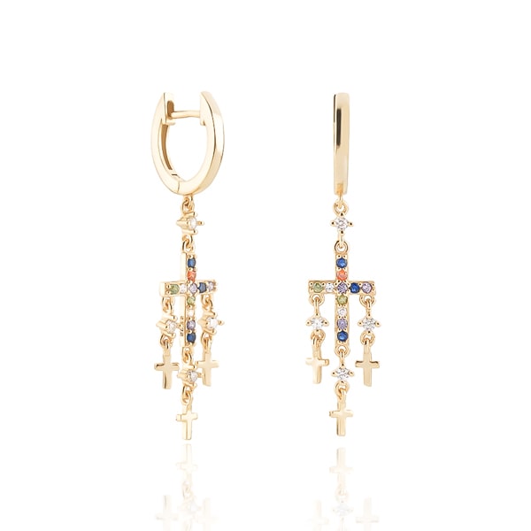 Gold cross chandelier earrings