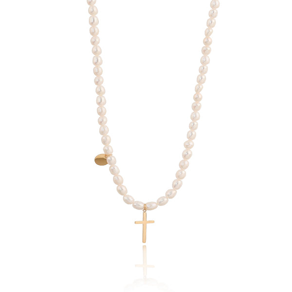 Gold cross freshwater pearl necklace